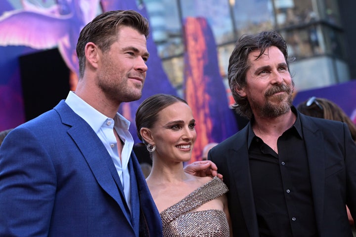 Christian along with co-stars Chris Hemsworth and Natalie Portman