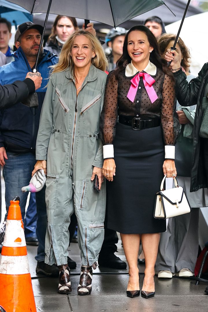 Sarah Jessica Parker (left) and Kristin Davis on the set of "And Just Like That." 