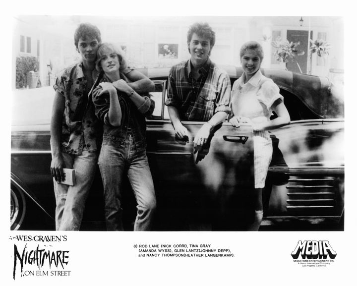 From left to right: Jsu Garcia, also known as Nick Corri; Amanda Wyss; Johnny Depp; and Langenkamp pose in a scene from "A Nightmare On Elm Street."