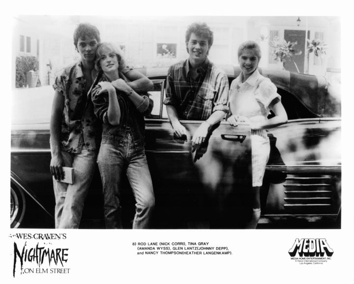 From left to right: Jsu Garcia, also known as Nick Corri; Amanda Wyss; Johnny Depp; and Langenkamp pose in a scene from 