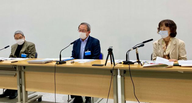 （左から）記者会見した日本イコモス国内委員会の益田兼房氏、岡田保良氏、石川幹子氏（2022年10月6日）