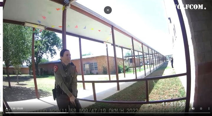 This image from video released by the City of Uvalde, Texas shows Texas Department of Public Safety trooper Crimson Elizondo responding to the shooting at Robb Elementary School in May.