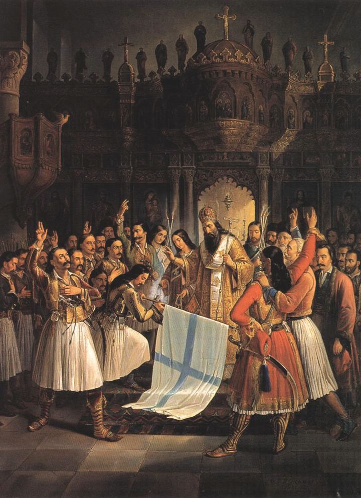 Germanos, Metropolitan of Patras, Blessing the flag of Revolution, Theodoros Vryzakis, 1865, 16,4x1,26m, oel on canvas.National Art Gallery and Alexandros Soutzos Museum, Athense? ??e???d??? S??t???