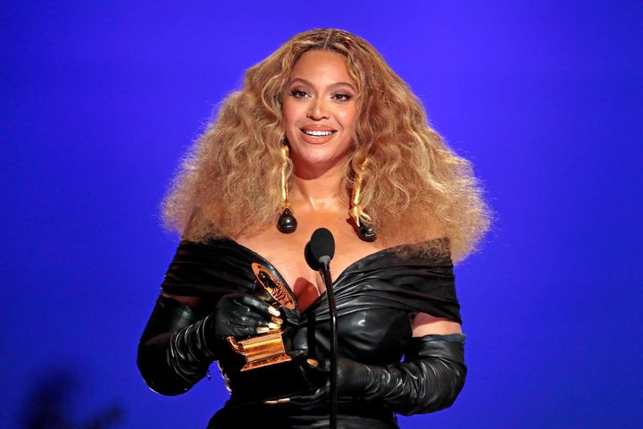 Beyoncé accepting a Grammy in 2021