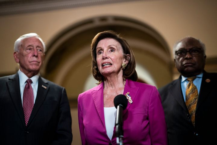 House Speaker Nancy Pelosi (D-Calif.) is shown here with Majority Leader Steny Hoyer (D-Md.) and Whip Jim Clyburn (DSC) at a news conference in 2021. The average d The age of the first three leaders of the Democratic House is 82 years. 