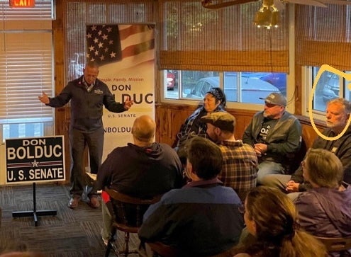 New Hampshire Republican Senate candidate Don Bolduc talks about abortion rights at a campaign event.