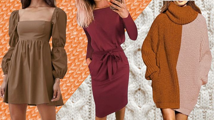 A puff-sleeve mini-dress, a pocketed and belted sheath dress and a chunky knit sweater dress.