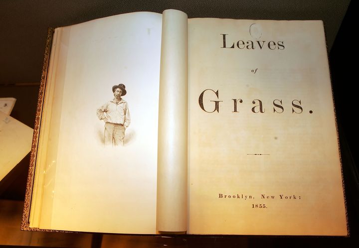 Αυτή η έκδοση της συλλογής "Leaves of Grass" του ποιητή Walt Whitman εκτίθεται στη βιβλιοθήκη σπάνιων βιβλίων Beinecke στο Πανεπιστήμιο του Γέιλ στο New Haven,Τετάρτη, 30 Νοεμβρίου 2005. Οι μελετητές και οι θιασώτες του Whitman γιορτάζουν την 150η επέτειο του ποιητή. Η πρώτη έκδοση του "Leaves of Grass" περιείχε μόλις 12 ποιήματα και θεωρείται επαναστατική. Μια εικόνα του Whitman φαίνεται στην αριστερή σελίδα. (AP Photo/Bob Child)