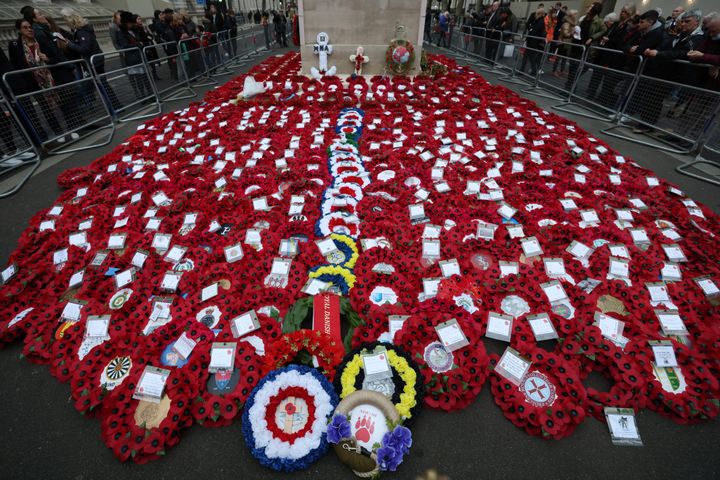 Wreaths laid at the Cenotaph war memorial on Whitehall after the National Service Of Remembrance.