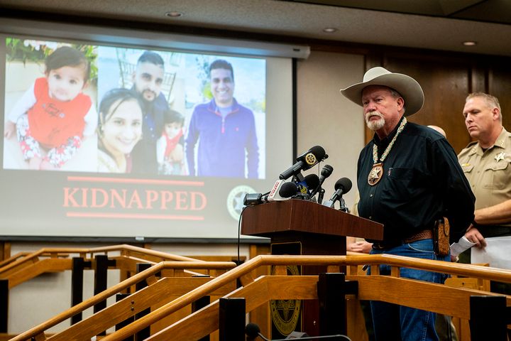 Merced County Sheriff Vern Warnke speaks at a news conference about the abduction of 8-month-old Aroohi Dheri, her mother Jasleen Kaur, her father Jasdeep Singh and her uncle Amandeep Singh in Merced, Calif., on Wednesday, Oct. 5.  , 2022. Relatives of a family kidnapped at gunpoint from their trucking business in central California asked for help Wednesday in the search for an 8-month-old girl, her mother, father and uncle, who authorities say have been arrested by a convicted robber who tried to kill himself a day after the kidnappings.  (Andrew Kuhn/The Merced Sun-Star via AP)