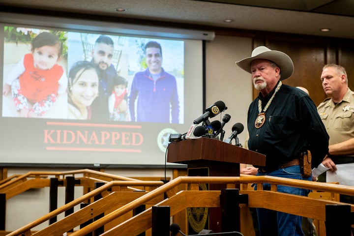 Merced County Sheriff Vern Warnke speaks at a news conference about the abduction of 8-month-old Aroohi Dheri, her mother Jasleen Kaur, her father Jasdeep Singh and her uncle Amandeep Singh in Merced, Calif., on Wednesday, Oct. 5. , 2022. Relatives of a family kidnapped at gunpoint from their trucking business in central California asked for help Wednesday in the search for an 8-month-old girl, her mother, father and uncle, who authorities say have been arrested by a convicted robber who tried to kill himself a day after the kidnappings. (Andrew Kuhn/The Merced Sun-Star via AP)