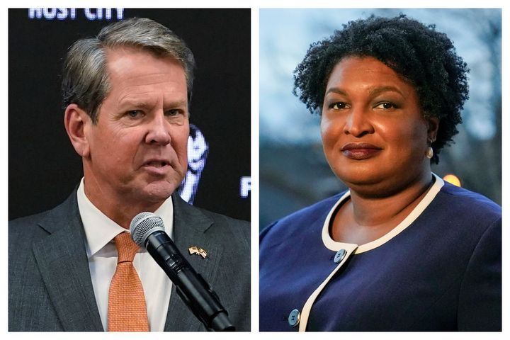 Georgia Gov. Brian Kemp (R), left, faces a rematch against Democratic candidate Stacey Abrams. Kemp leads in the polls.