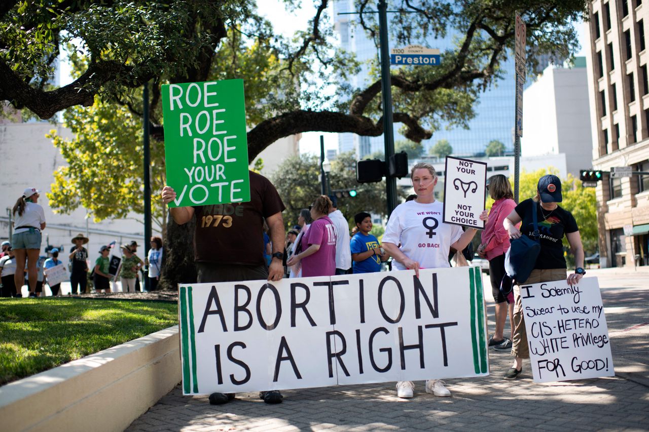 Supporters of abortion rights demonstrate outside of the Harris County Courthouse in Houston, Texas.