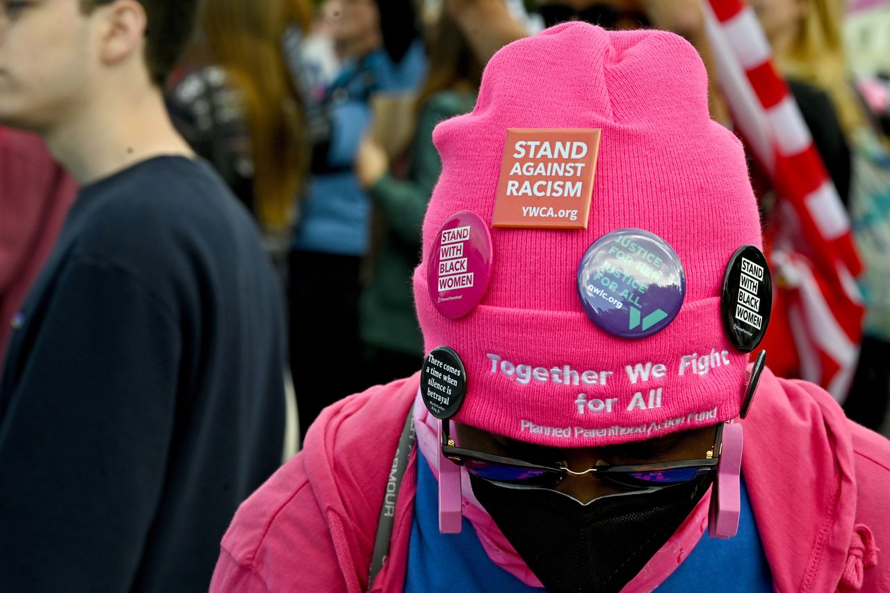A detail of a protester's hat is seen at the Washington, D.C., event. 