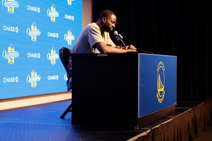 Golden State Warriors' Draymond Green at a press conference on Saturday, Oct. 8, 2022, at Chase Center in San Francisco, California. 