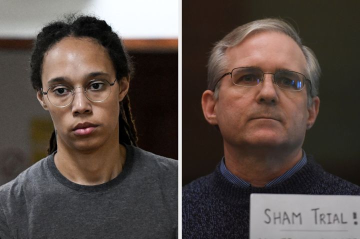 Americans Brittney Griner and Paul Whelan are seen in Russia, with Whelan holding a sign that says "Sham trial" during a court appearance.