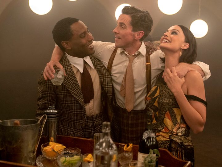 This image released by 20th Century Studios shows, from left, John David Washington, Christian Bale and Margot Robbie in a scene from "Amsterdam." (Merie Weismiller Wallace/20th Century Studios via AP)
