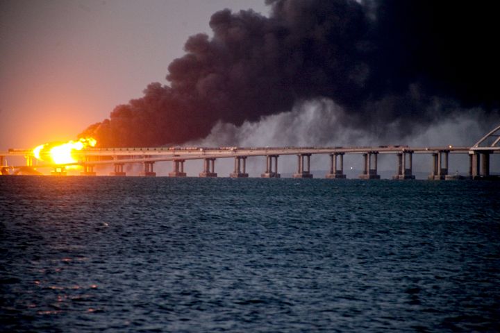 Explosion causes fire at the Kerch bridge in the Kerch Strait, Crimea on October 08, 2022.