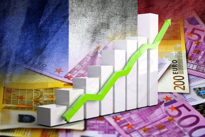 Economy chart: Rising Arrow, France Flag and Euro Banknotes