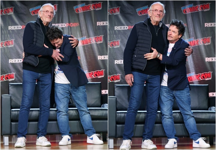 ニューヨーク・コミコンに登場したクリストファー・ロイドさん(いずれも左)とマイケル・J・フォックスさん