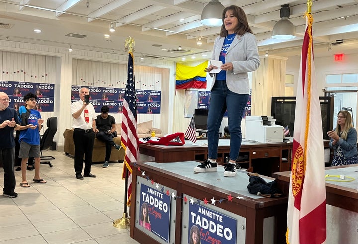 Democratic candidate for Congress Annette Taddeo rallies volunteers at her headquarters on Oct. 9 in her campaign to unseat Republican U.S. Rep. Maria Salazar.