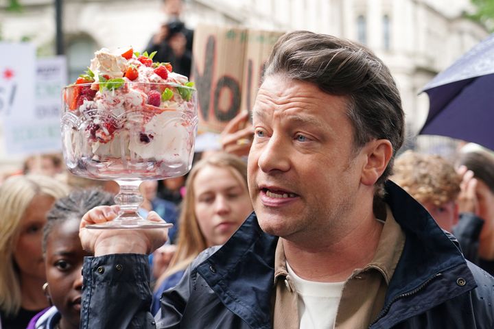 Chef Jamie Oliver takes part in the What An Eton Mess demonstration outside Downing Street, London, calling for Prime Minister Boris Johnson to reconsider his U-turn on the Government's anti-obesity strategy. 