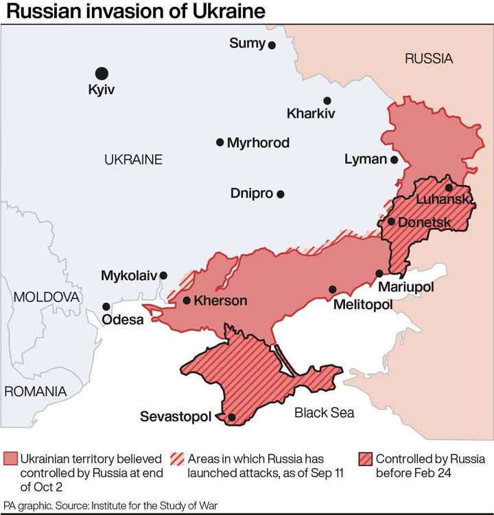Russian invasion of Ukraine. See story UKRAINE Russia. Infographic PA Graphics. An editable version of this graphic is available if required. Please contact graphics@pamediagroup.com.
