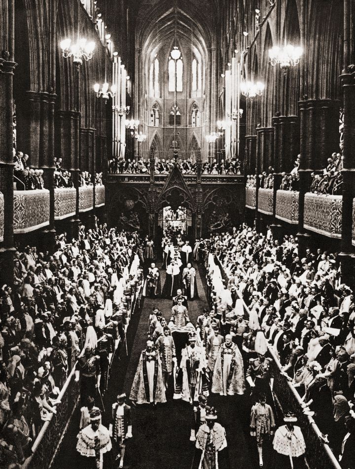 The coronation procession of Charles' grandfather, King George VI, 12 May 1937, in Westminster Abbey, London, England. 