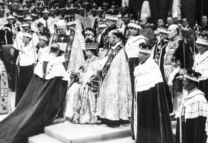 The Queen Elizabeth II receives the homage of the Duke of Edinburgh (her husband) at her coronation in London's Westminster Abbey, back in 1953.