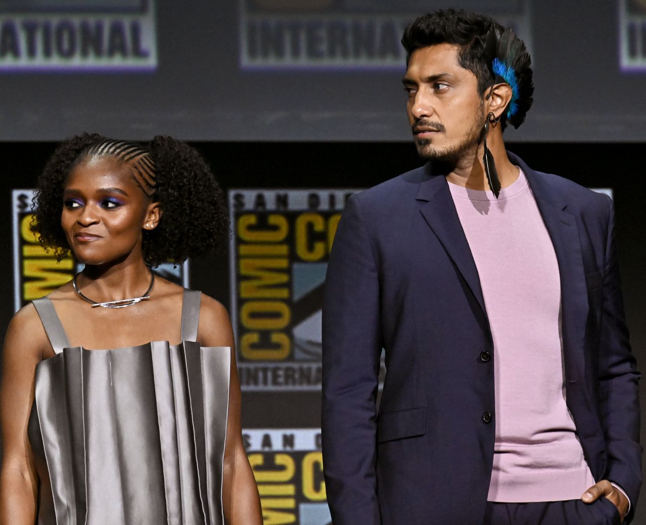 Dominique Thorne and Tenoch Huerta attend Marvel's Wakanda Forever at the 2022 Comic-Con International in San Diego. 