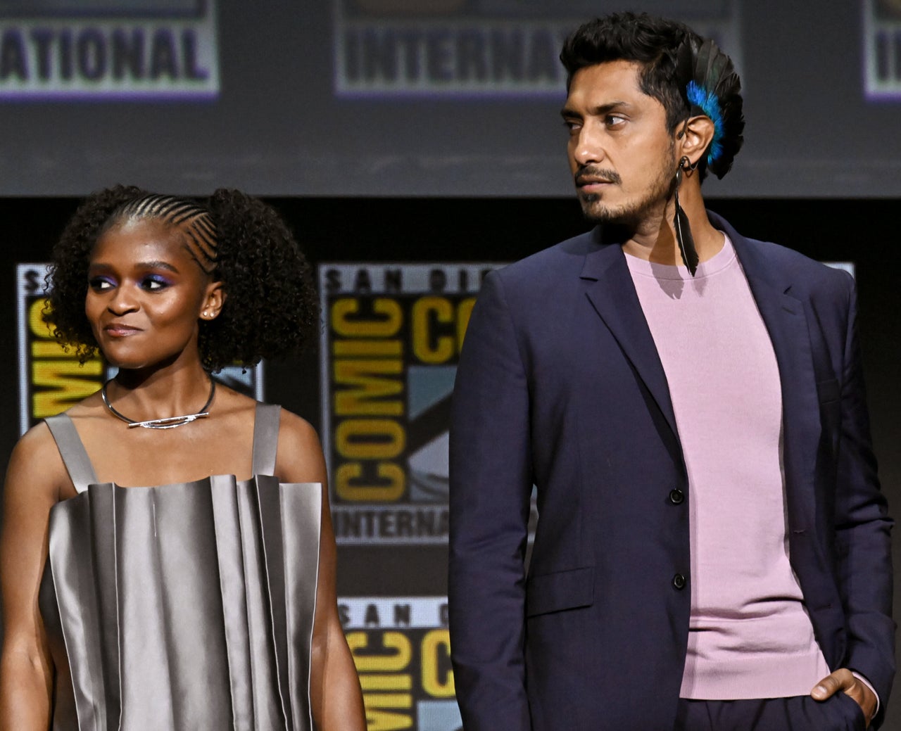 Dominique Thorne and Tenoch Huerta attend Marvel's Wakanda Forever at the 2022 Comic-Con International in San Diego.