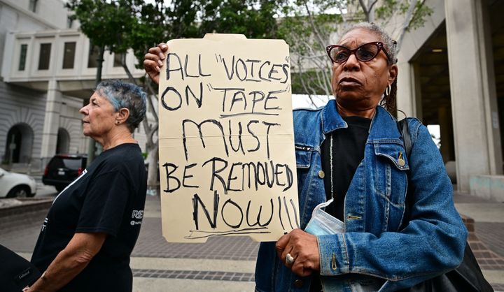 Veronica Sance participates in a rally outside Los Angeles City Hall on Tuesday to demand Martinez and others in the taped conversation be removed from office,