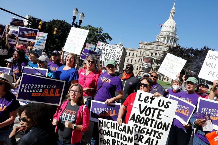 Pro choice supporters gather outside the Michigan State Capitol during a "Restore Roe" rally in Lansing, on September 7, 2022. 