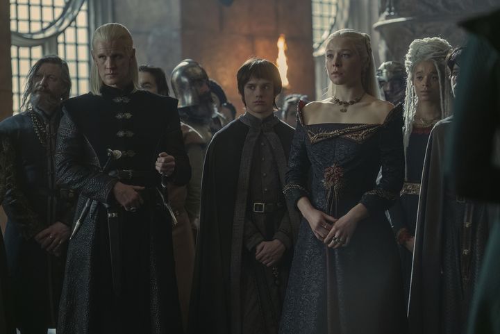 Matt Smith (Prince Daemon Targaryen), Harry Collett (Prince Jacaerys 'Jace' Velaryon) and Emma D'Arcy (Princess Rhaenyra Targaryen) act in House Of The Dragon Episode 8.