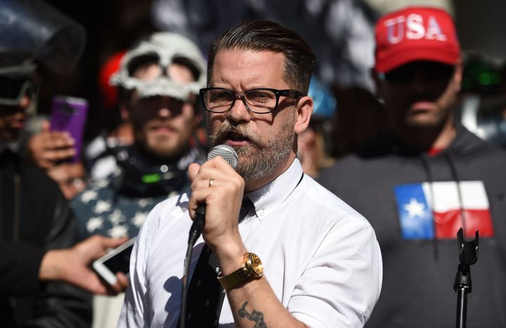Proud Boys leader Gavin McInnes at a conservative rally in Berkeley, California on April 27, 2017. Penn State will host McInnes at a "comedy" event on Oct. 24, despite students' concerns for their safety.