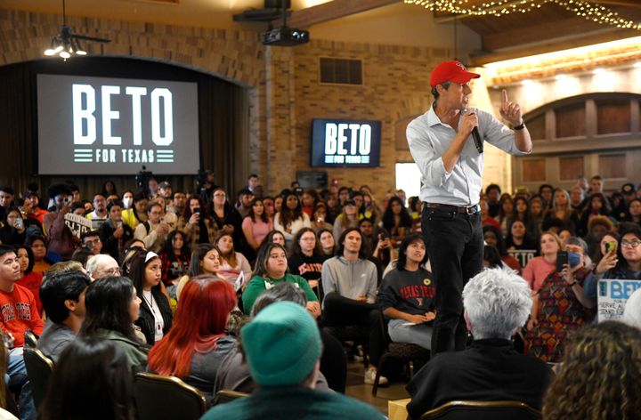 Texas gubernatorial candidate Beto O'Rourke speaks at a rally at Texas Tech University on Tuesday. He has visited 12 college campuses this month.