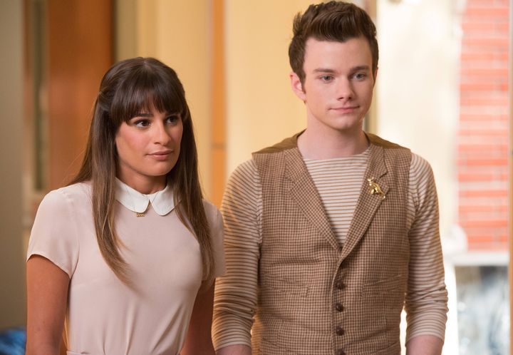Lea Michele (left) and Chris Colfer on the set of "Glee" in 2013. 