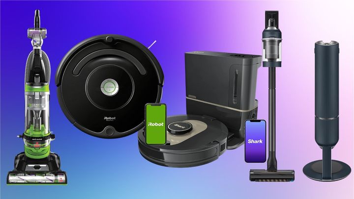 A Bissell upright pet vacuum,iRobot Roomba 671 robot vacuum, Shark IQ robot vacuum and Samsung Bespoke Jet cordless vacuum and station.