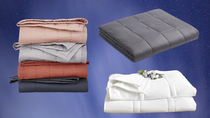Casper weighted blankets, YnM's cotton weighted blanket in grey and a Baloo weighted blanket in white.