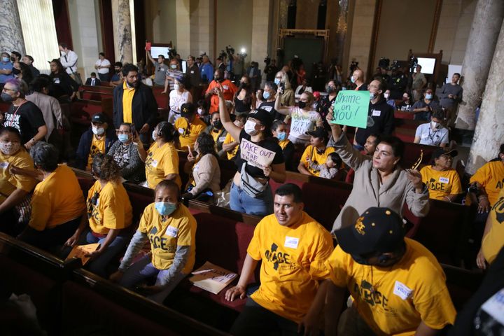 Protesters gather at the Los Angeles City Council meeting on Tuesday demanding the leaders' resignations.