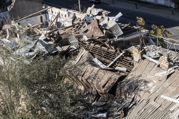 The aftermath of a Russia's shelling in capital Kyiv on Wednesday. 