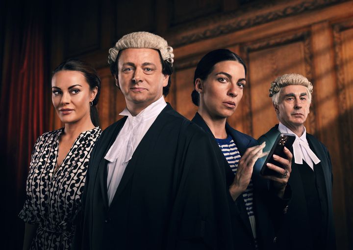 The cast of Vardy vs. Rooney: A Courtroom Drama: (L-R) Chanel Cresswell as Coleen Rooney, Michael Sheen as Coleen’s barrister David Sherborne, Natalia Tena as Rebekah Vardy and Simon Coury as Rebekah Vardy’s barrister Hugh Tomlinson.