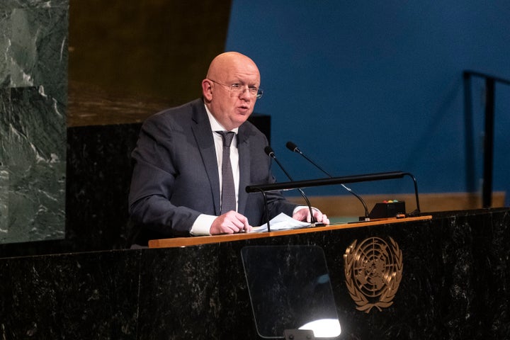 Permanent Representative to the United Nations, Ambassador Vassily Nebenzia of Russian Federation speaks during the U.N. General Assembly Eleventh Emergency Special Session in New York City, on Oct. 10, 2022.