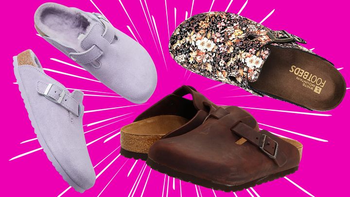 Birkenstock sherling clogs from Free People, leather Birkenstock clogs from Zappos and floral clogs from Amazon.