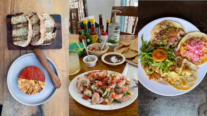 From left to right: a starter at Arca, ceviche at El Camello Jr. and tacos at Taqueria Honorio.