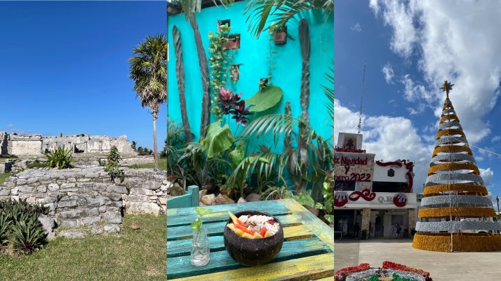 From left to right: Mayan ruins, Raw Love and Christmas decorations going up in the town center.