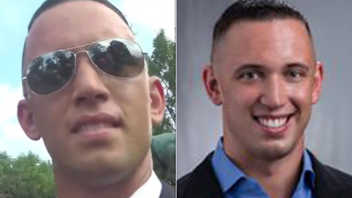 Left: "Johnny O'Malley," photographed at the white supremacist Unite the Right rally in August 2017. Right: A Zillow profile picture of John Donnelly, which was matched with the left photo through facial recognition software.