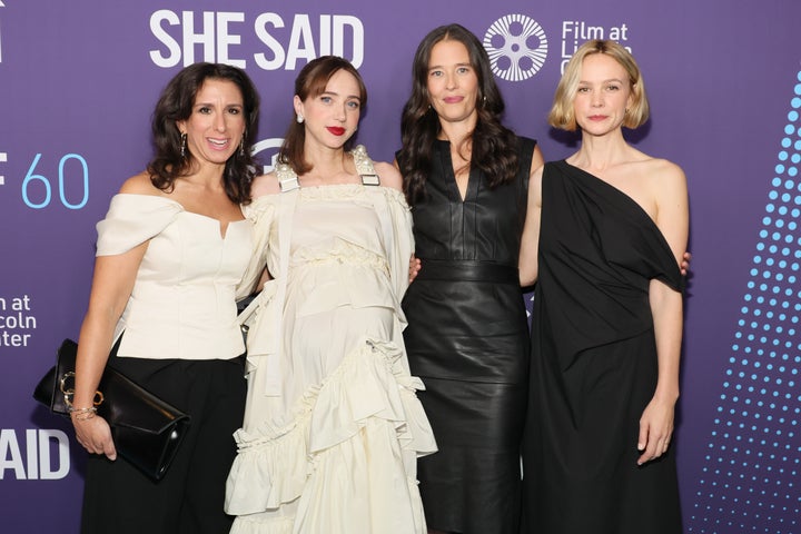 Jodi Kantor (left), Zoe Kazan, Megan Twohey and Carey Mulligan attend the red carpet event for "She Said" during the 60th New York Film Festival at Alice Tully Hall, Lincoln Center on Thursday in New York City.