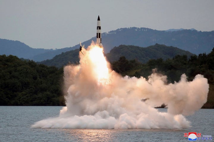 FILE - This North Korean government-provided photo purports to show a missile test at an undisclosed location in North Korea, as taken sometime between Sept. 25 and Oct. 9. Independent journalists were not given access to cover the event depicted in this image distributed by the North Korean government. The content of this image is as provided and cannot be independently verified. Korean language watermark on image as provided by source reads: "KCNA" which is the abbreviation for Korean Central News Agency.