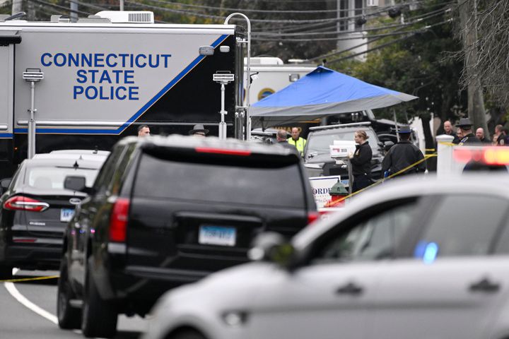 Members of the Connecticut State Police Major Crime unit are on scene where two police officers were killed Thursday in Bristol, Connecticut.